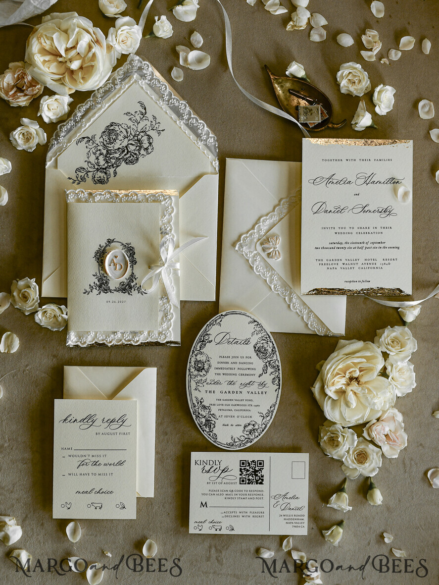 WEDDING INVITATIONS vintage lace/ rustic lace Personalized Golden Wedding invitations Vintage Lace wedding Cards