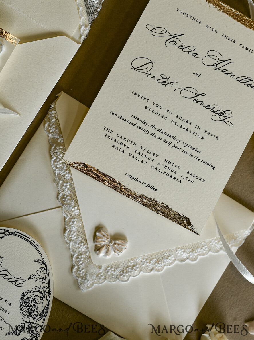 WEDDING INVITATIONS vintage lace/ rustic lace Personalized Golden Wedding invitations Vintage Lace wedding Cards