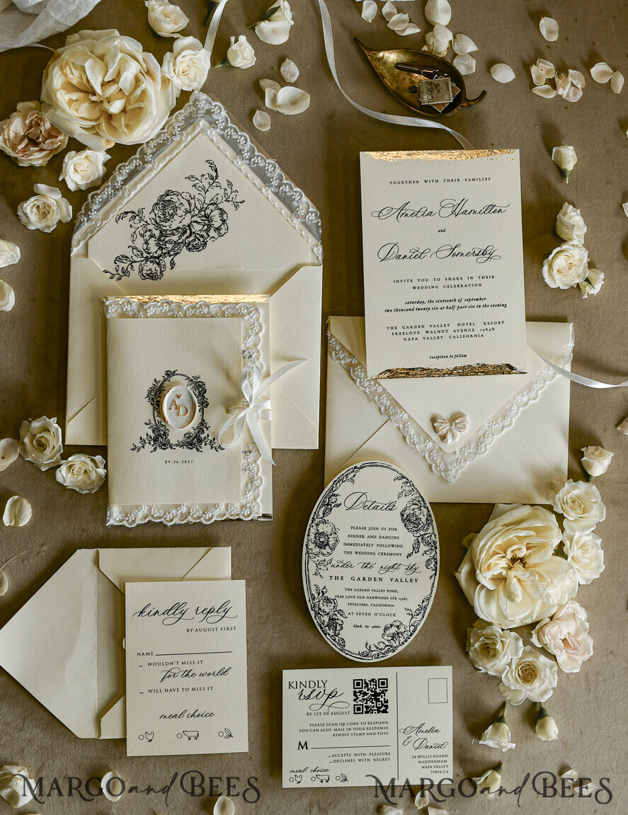WEDDING INVITATIONS vintage lace/ rustic lace Personalized Golden Wedding invitations Vintage Lace wedding Cards