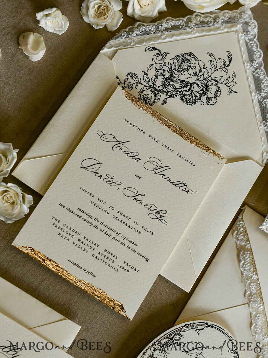 WEDDING INVITATIONS vintage lace/ rustic lace Personalized Golden Wedding invitations Vintage Lace wedding Cards