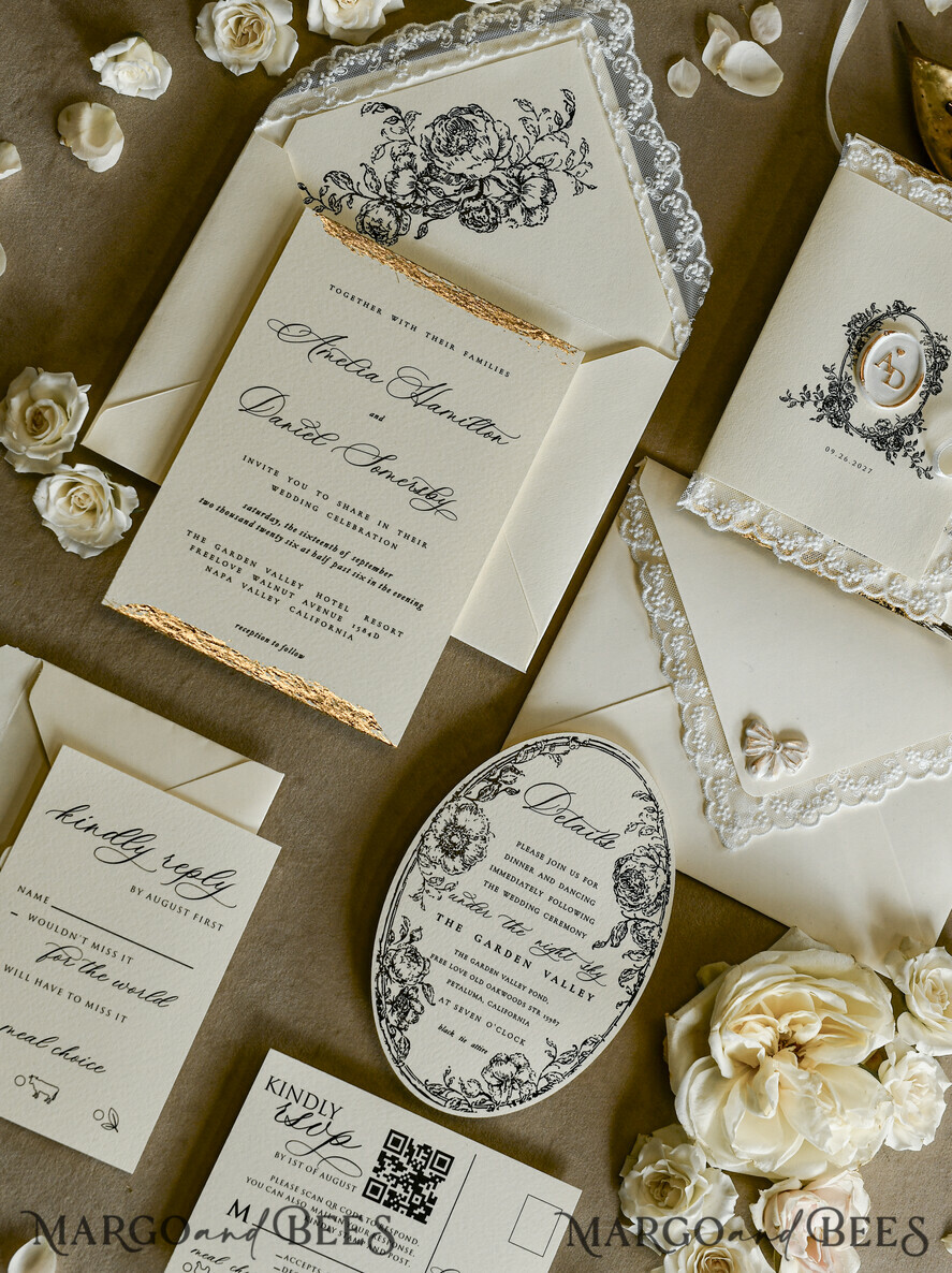 WEDDING INVITATIONS vintage lace/ rustic lace Personalized Golden Wedding invitations Vintage Lace wedding Cards