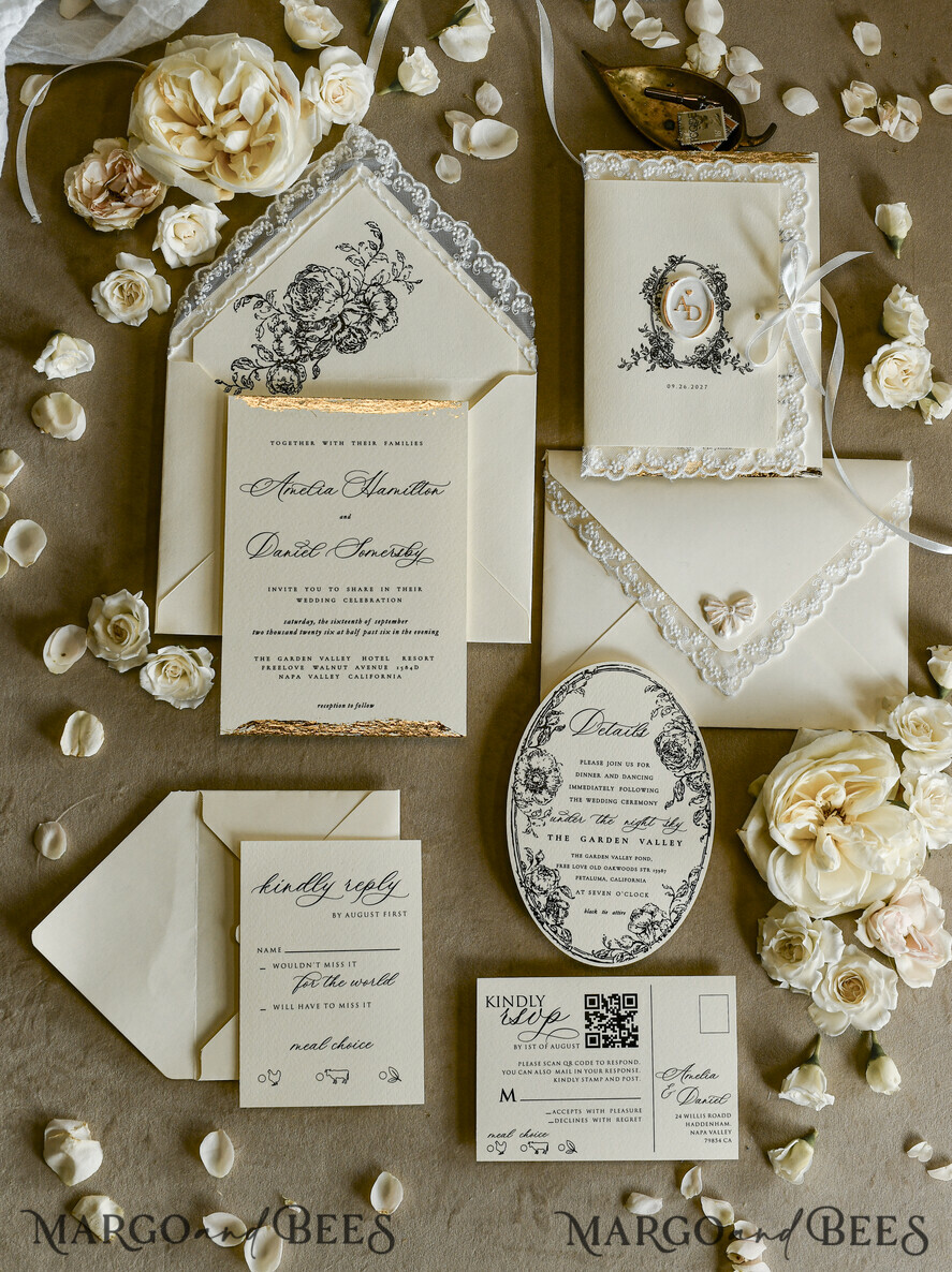 WEDDING INVITATIONS vintage lace/ rustic lace Personalized Golden Wedding invitations Vintage Lace wedding Cards