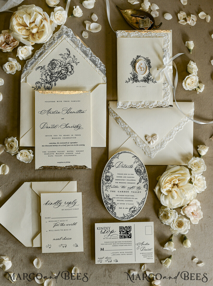 WEDDING INVITATIONS vintage lace/ rustic lace Personalized Golden Wedding invitations Vintage Lace wedding Cards