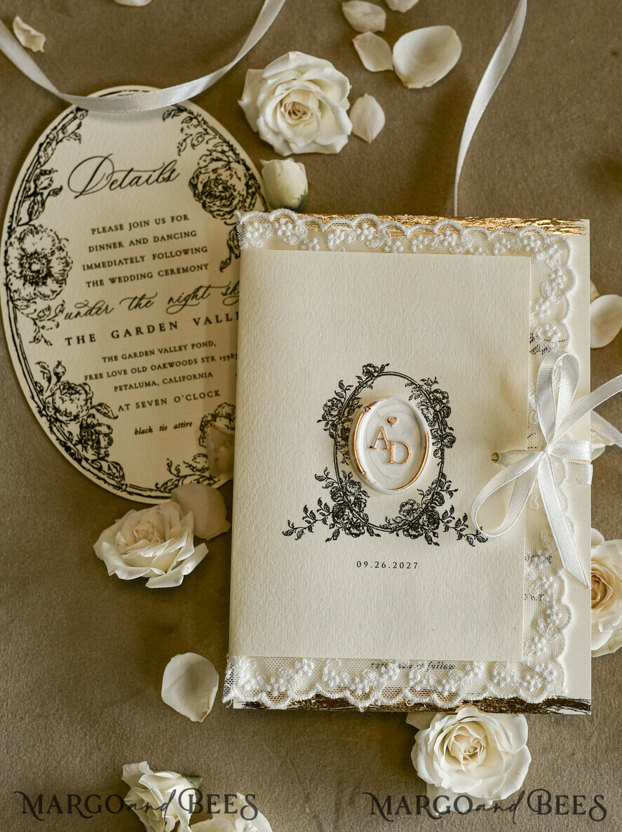 WEDDING INVITATIONS vintage lace/ rustic lace Personalized Golden Wedding invitations Vintage Lace wedding Cards