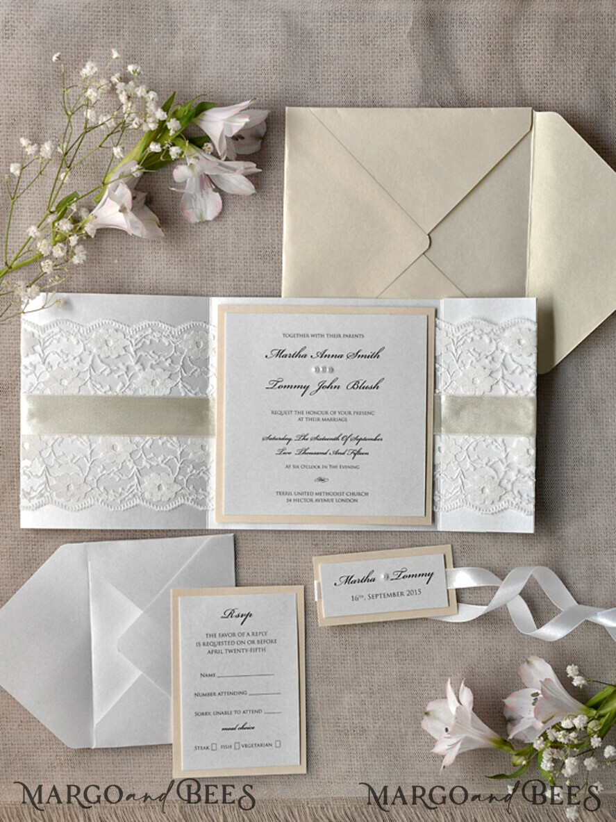 Wedding invitation handmade personalised silver DIY lace jute rustic eco shimmer 