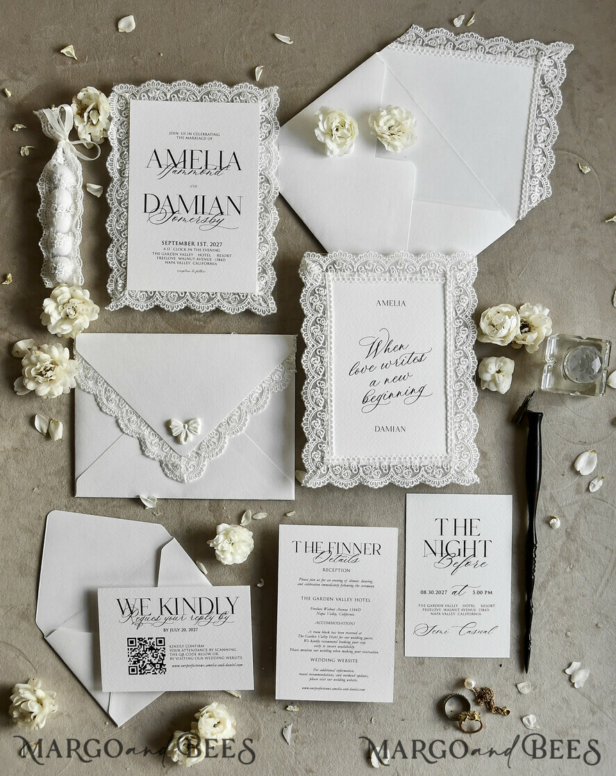 WEDDING INVITATIONS vintage lace/ rustic lace Personalized Golden Wedding invitations Vintage Lace Invites Ivory