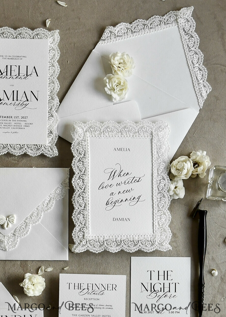 WEDDING INVITATIONS vintage lace/ rustic lace Personalized Golden Wedding invitations Vintage Lace Invites Ivory