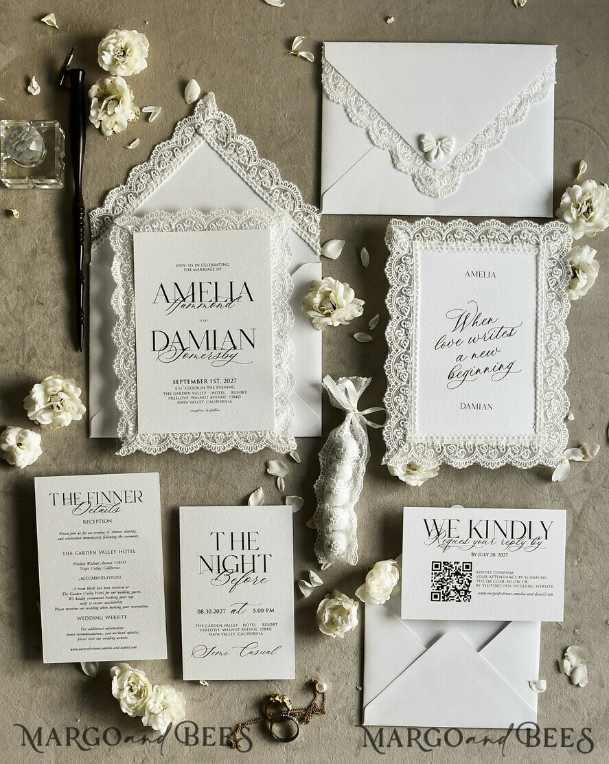 WEDDING INVITATIONS vintage lace/ rustic lace Personalized Golden Wedding invitations Vintage Lace Invites Ivory