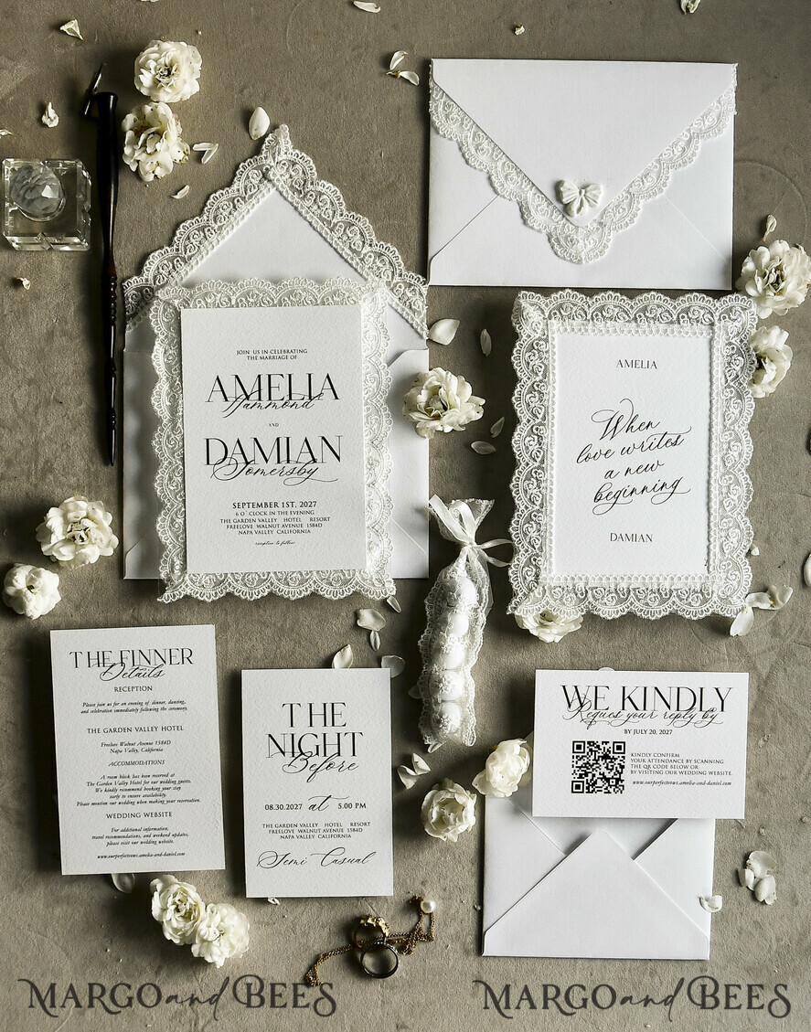 WEDDING INVITATIONS vintage lace/ rustic lace Personalized Golden Wedding invitations Vintage Lace Invites Ivory