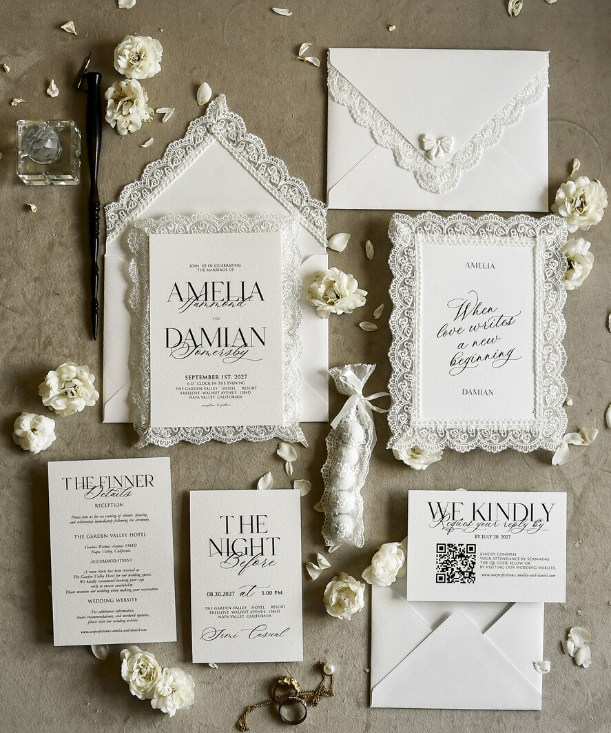 WEDDING INVITATIONS vintage lace/ rustic lace Personalized Golden Wedding invitations Vintage Lace Invites Ivory