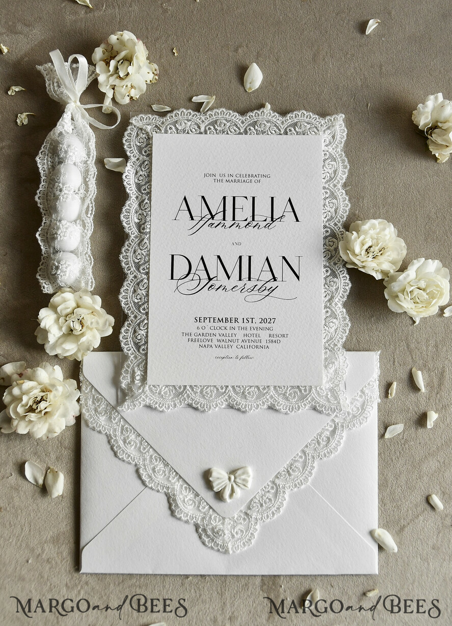 WEDDING INVITATIONS vintage lace/ rustic lace Personalized Golden Wedding invitations Vintage Lace Invites Ivory