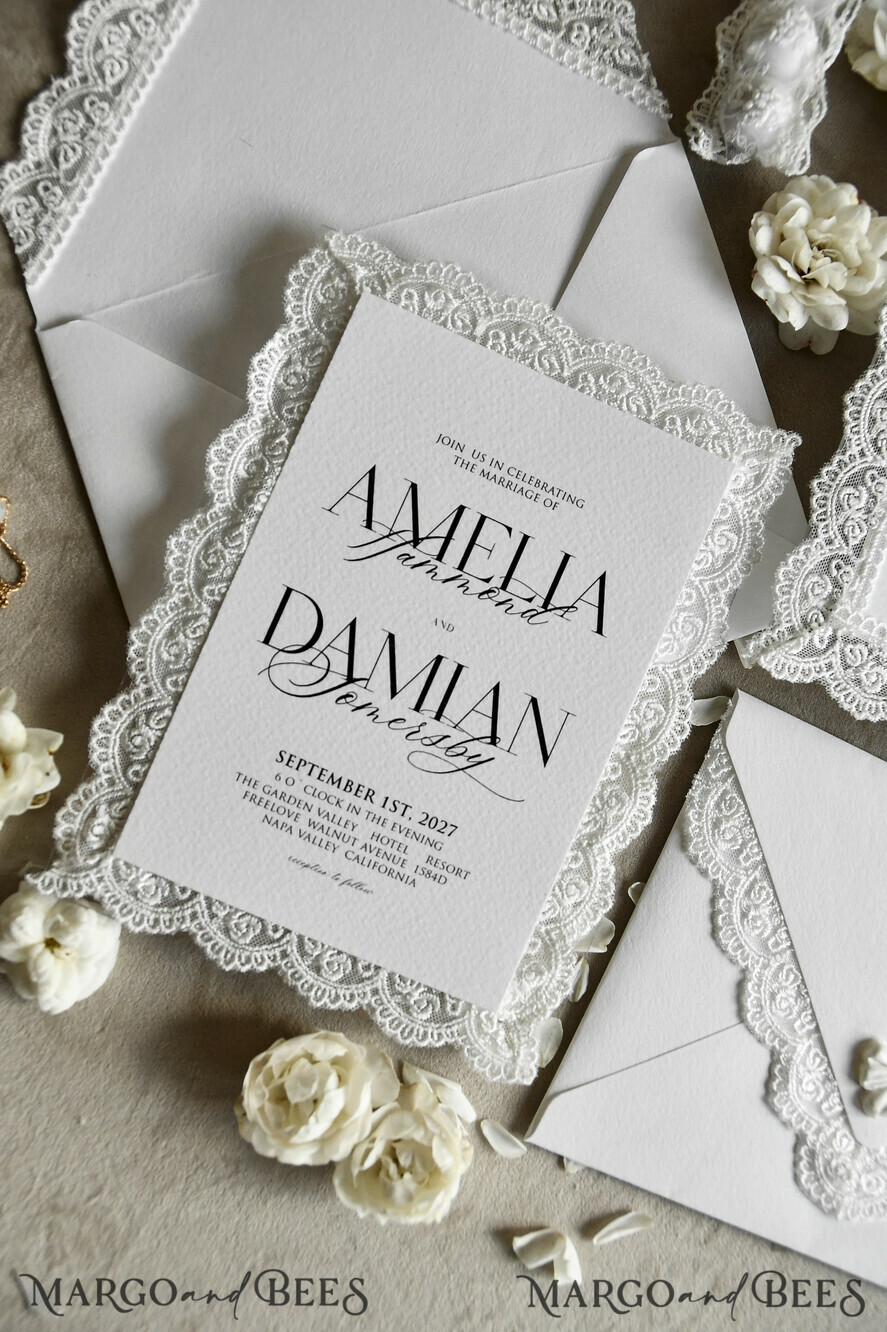 WEDDING INVITATIONS vintage lace/ rustic lace Personalized Golden Wedding invitations Vintage Lace Invites Ivory
