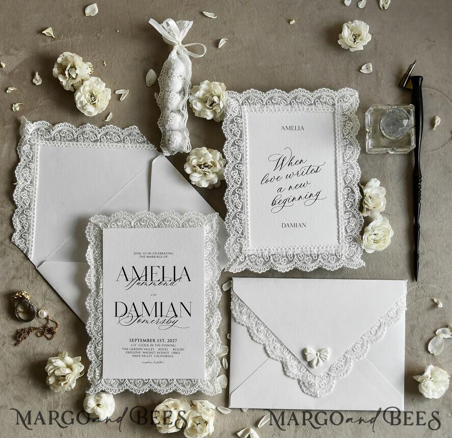 WEDDING INVITATIONS vintage lace/ rustic lace Personalized Golden Wedding invitations Vintage Lace Invites Ivory