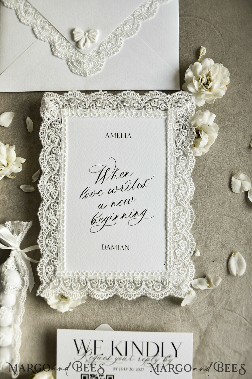 WEDDING INVITATIONS vintage lace/ rustic lace Personalized Golden Wedding invitations Vintage Lace Invites Ivory
