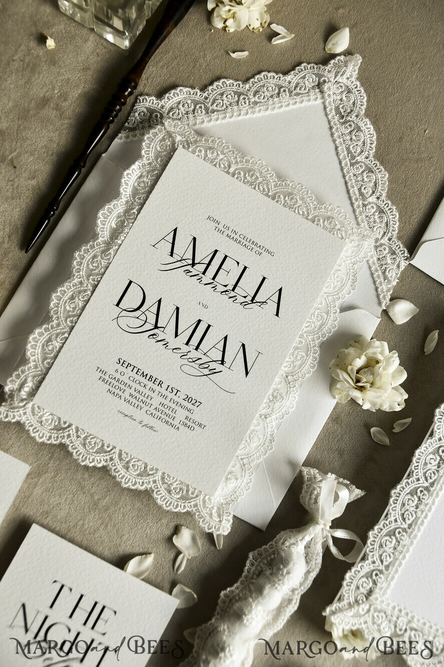 WEDDING INVITATIONS vintage lace/ rustic lace Personalized Golden Wedding invitations Vintage Lace Invites Ivory