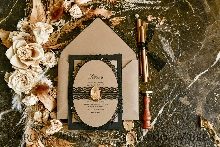 WEDDING INVITATIONS vintage lace/ rustic lace Black lace Personalized Golden Wedding invitations Vintage Lace Invites golden