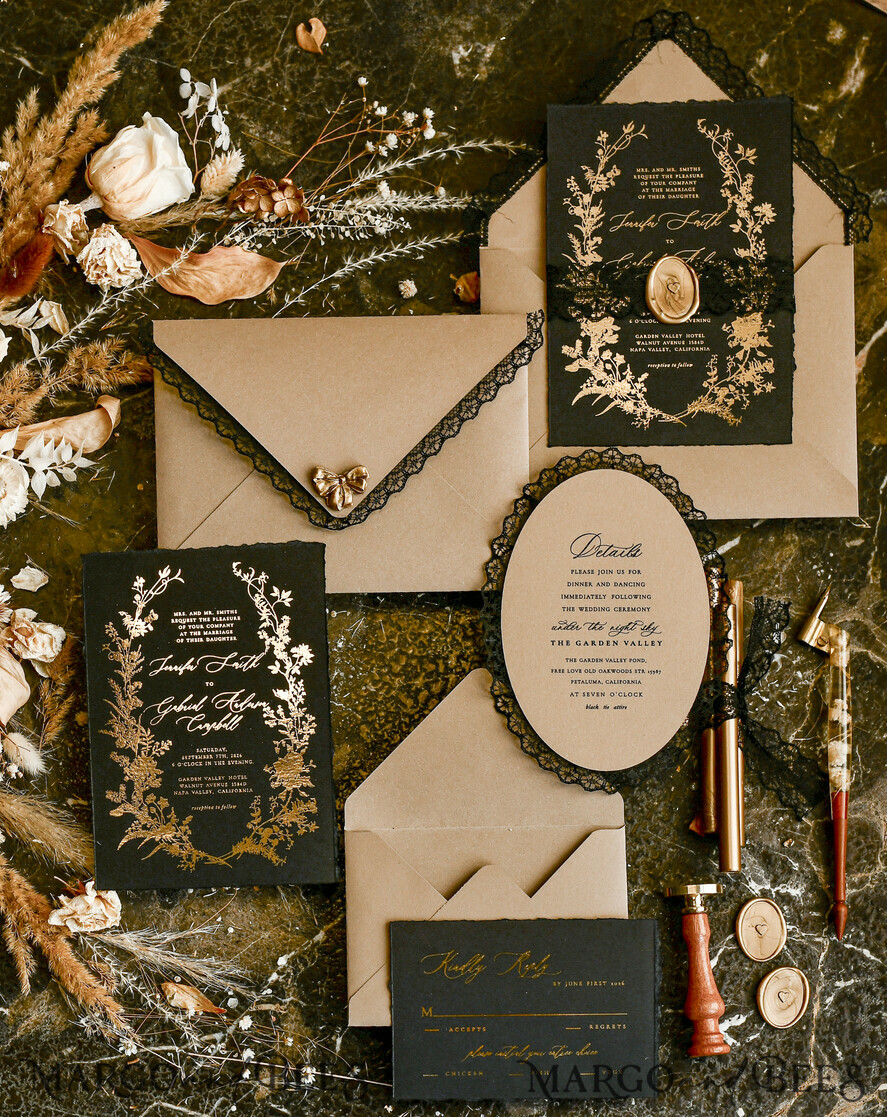 WEDDING INVITATIONS vintage lace/ rustic lace Black lace Personalized Golden Wedding invitations Vintage Lace Invites golden