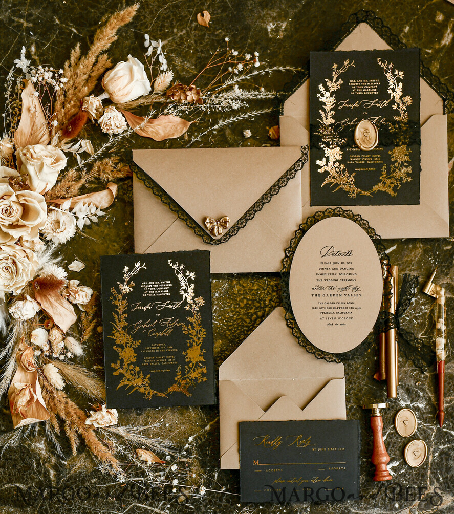WEDDING INVITATIONS vintage lace/ rustic lace Black lace Personalized Golden Wedding invitations Vintage Lace Invites golden