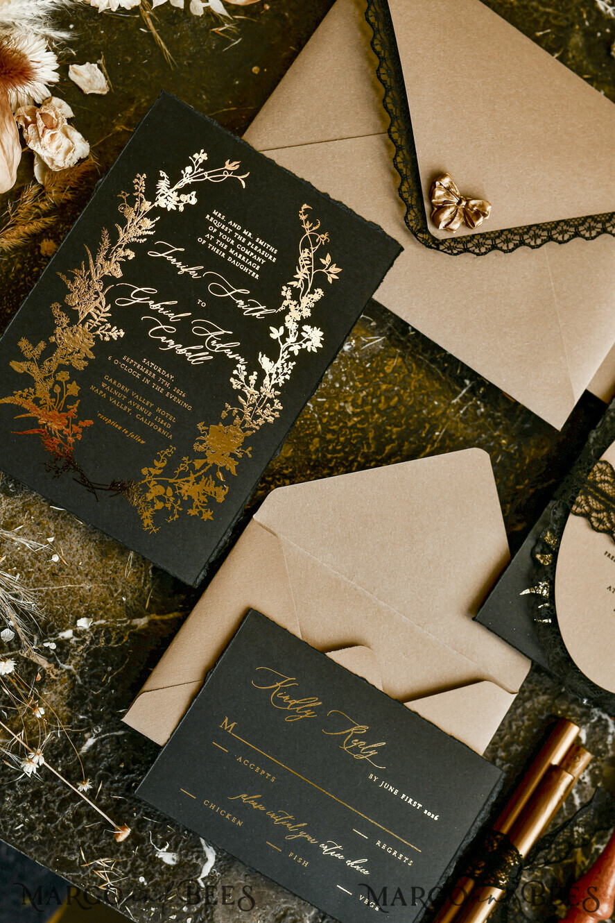 WEDDING INVITATIONS vintage lace/ rustic lace Black lace Personalized Golden Wedding invitations Vintage Lace Invites golden