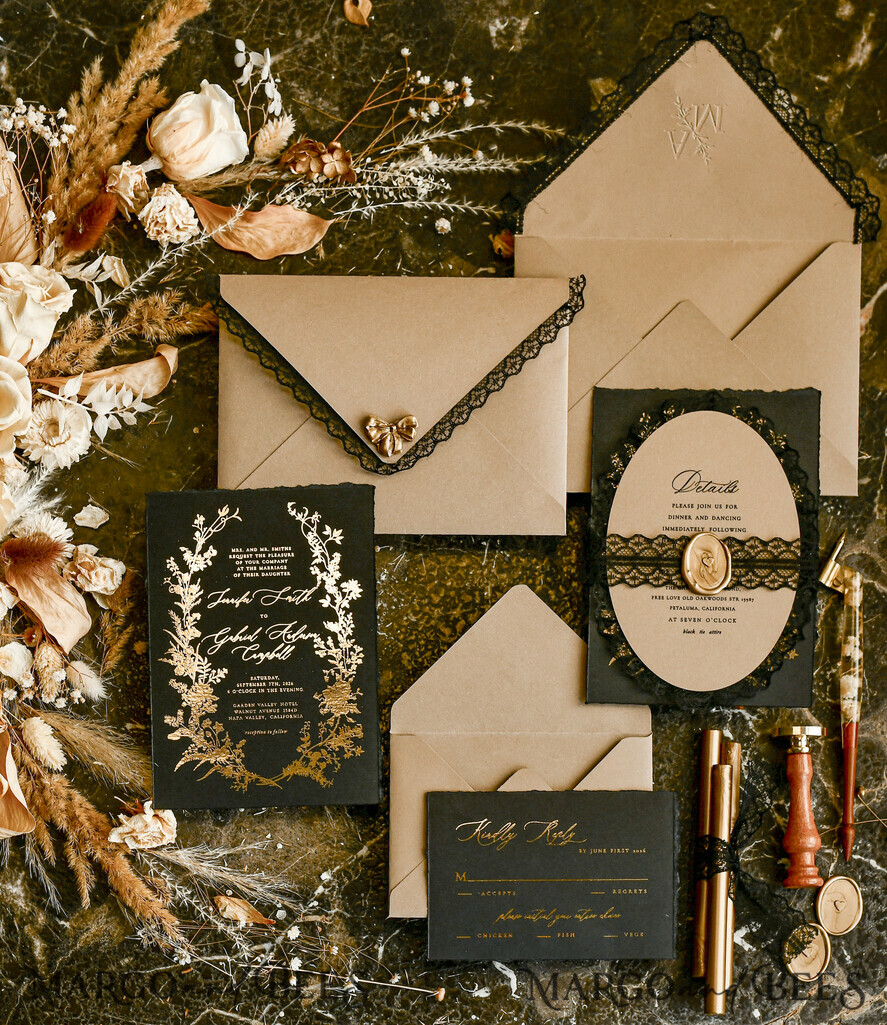 WEDDING INVITATIONS vintage lace/ rustic lace Black lace Personalized Golden Wedding invitations Vintage Lace Invites golden