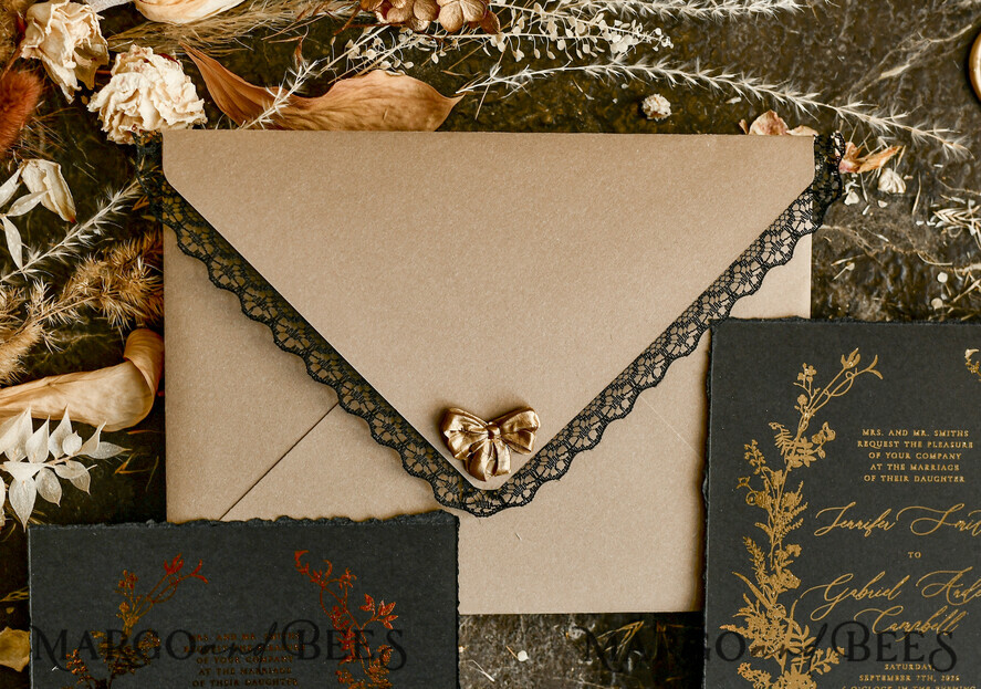 WEDDING INVITATIONS vintage lace/ rustic lace Black lace Personalized Golden Wedding invitations Vintage Lace Invites golden