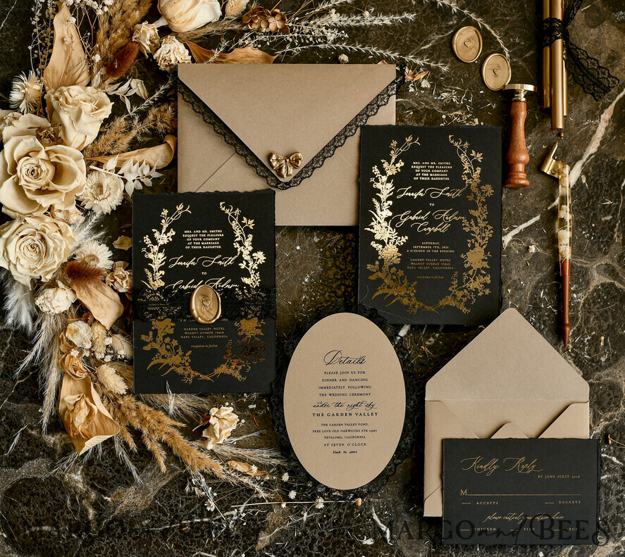 WEDDING INVITATIONS vintage lace/ rustic lace Black lace Personalized Golden Wedding invitations Vintage Lace Invites golden
