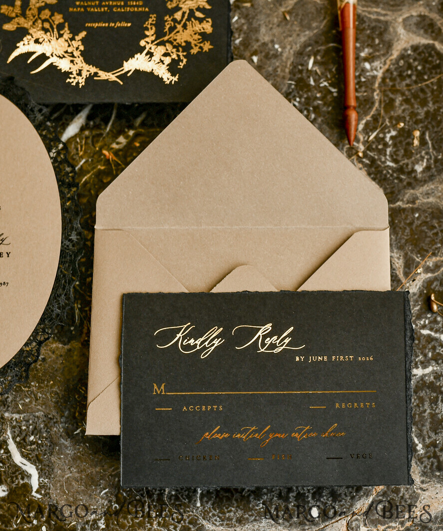 WEDDING INVITATIONS vintage lace/ rustic lace Black lace Personalized Golden Wedding invitations Vintage Lace Invites golden