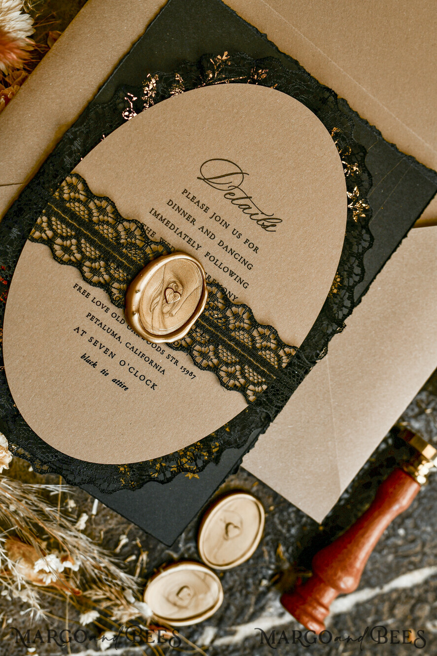WEDDING INVITATIONS vintage lace/ rustic lace Black lace Personalized Golden Wedding invitations Vintage Lace Invites golden