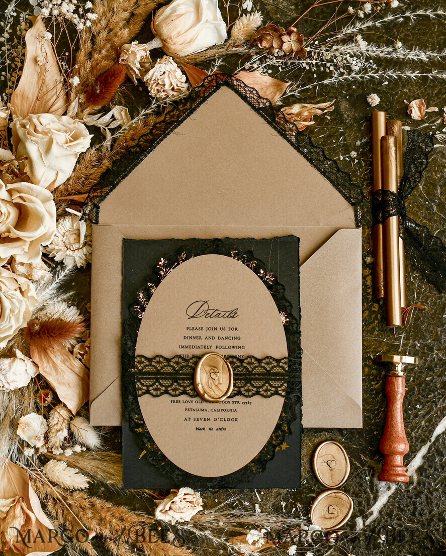 WEDDING INVITATIONS vintage lace/ rustic lace Black lace Personalized Golden Wedding invitations Vintage Lace Invites golden