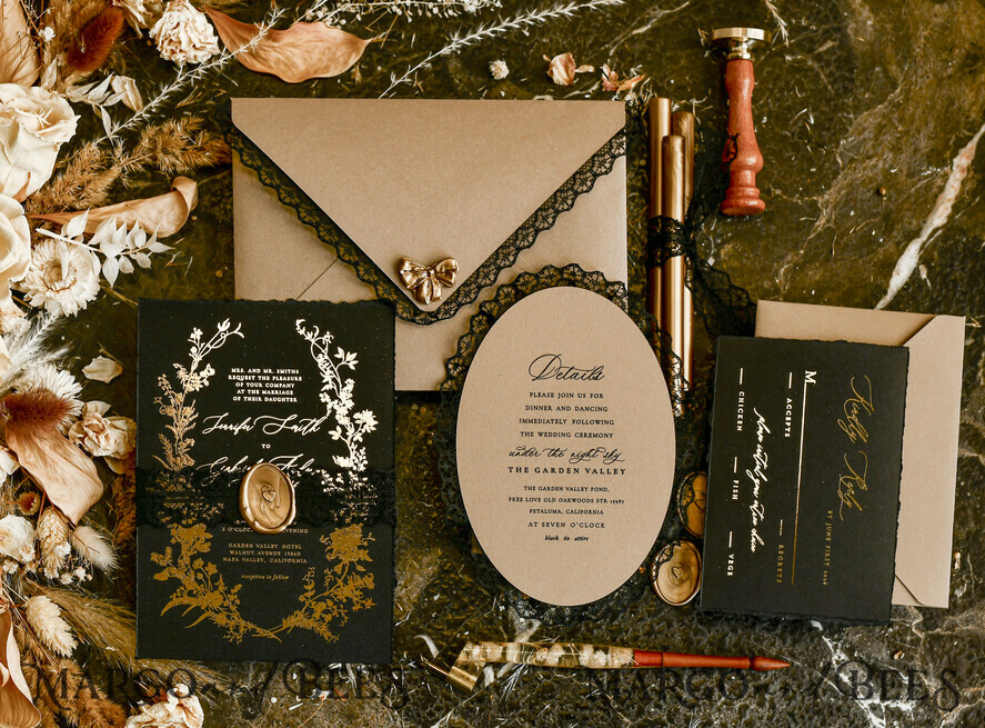 WEDDING INVITATIONS vintage lace/ rustic lace Black lace Personalized Golden Wedding invitations Vintage Lace Invites golden
