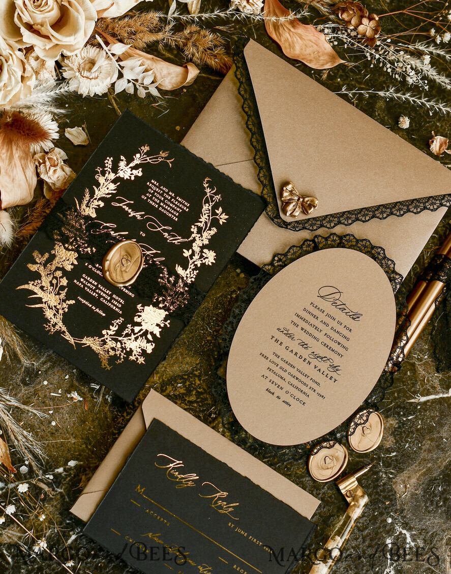 WEDDING INVITATIONS vintage lace/ rustic lace Black lace Personalized Golden Wedding invitations Vintage Lace Invites golden