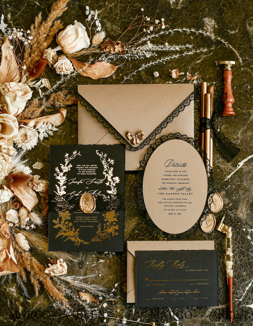 WEDDING INVITATIONS vintage lace/ rustic lace Black lace Personalized Golden Wedding invitations Vintage Lace Invites golden