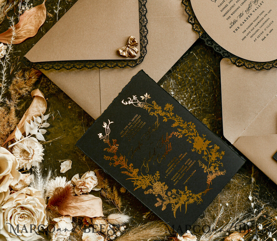 WEDDING INVITATIONS vintage lace/ rustic lace Black lace Personalized Golden Wedding invitations Vintage Lace Invites golden