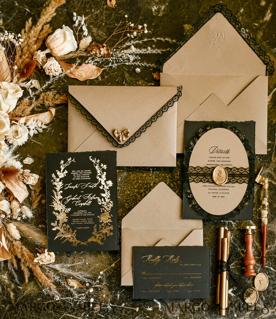 WEDDING INVITATIONS vintage lace/ rustic lace Black lace Personalized Golden Wedding invitations Vintage Lace Invites golden