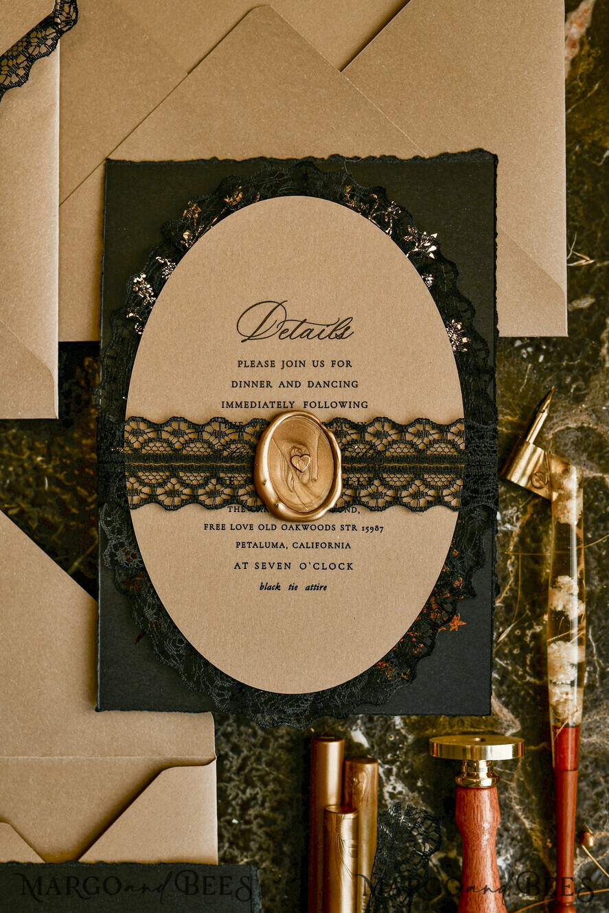 WEDDING INVITATIONS vintage lace/ rustic lace Black lace Personalized Golden Wedding invitations Vintage Lace Invites golden
