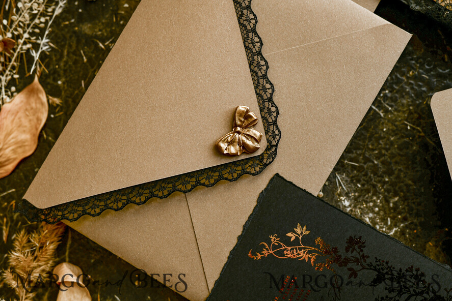 WEDDING INVITATIONS vintage lace/ rustic lace Black lace Personalized Golden Wedding invitations Vintage Lace Invites golden