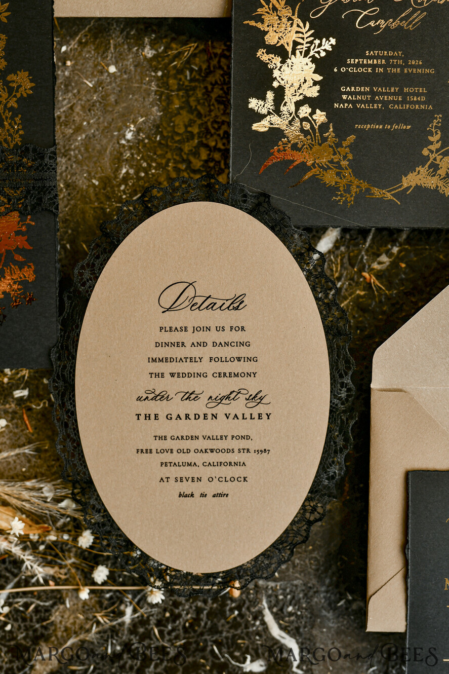 WEDDING INVITATIONS vintage lace/ rustic lace Black lace Personalized Golden Wedding invitations Vintage Lace Invites golden