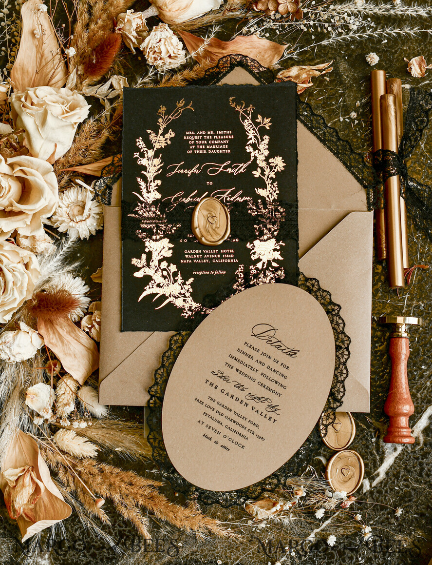 WEDDING INVITATIONS vintage lace/ rustic lace Black lace Personalized Golden Wedding invitations Vintage Lace Invites golden