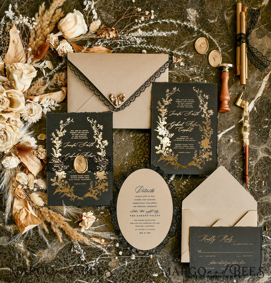 WEDDING INVITATIONS vintage lace/ rustic lace Black lace Personalized Golden Wedding invitations Vintage Lace Invites golden