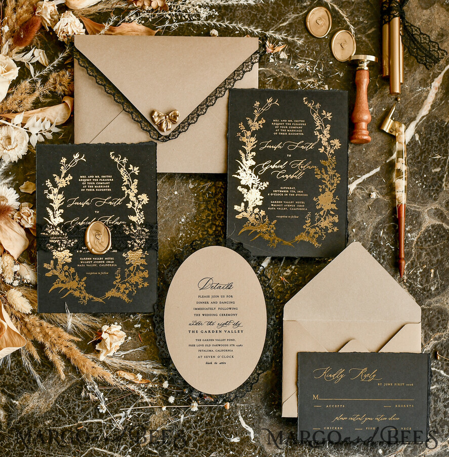 WEDDING INVITATIONS vintage lace/ rustic lace Black lace Personalized Golden Wedding invitations Vintage Lace Invites golden