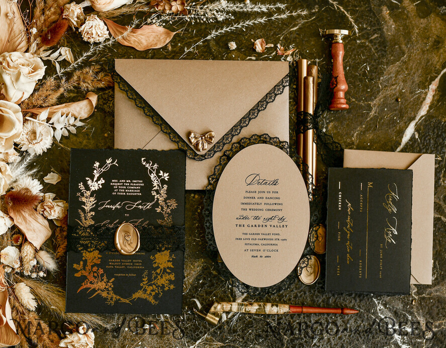 WEDDING INVITATIONS vintage lace/ rustic lace Black lace Personalized Golden Wedding invitations Vintage Lace Invites golden