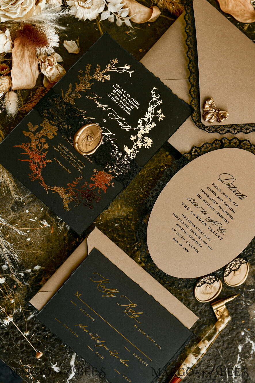 WEDDING INVITATIONS vintage lace/ rustic lace Black lace Personalized Golden Wedding invitations Vintage Lace Invites golden
