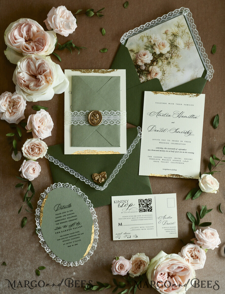 WEDDING INVITATIONS vintage lace/ rustic lace ivory lace Personalized Golden Wedding invitations Vintage Lace Invites golden