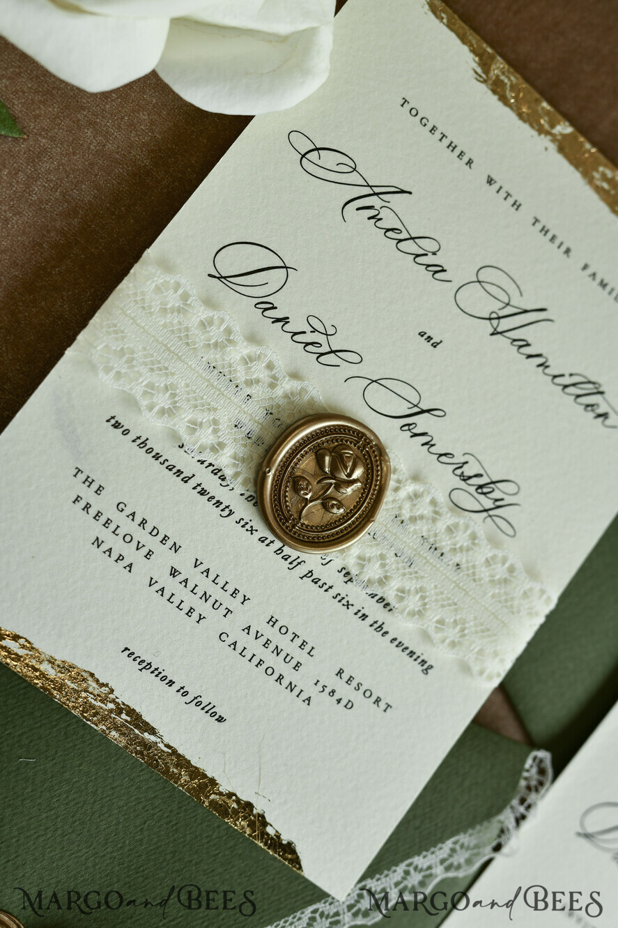 WEDDING INVITATIONS vintage lace/ rustic lace ivory lace Personalized Golden Wedding invitations Vintage Lace Invites golden