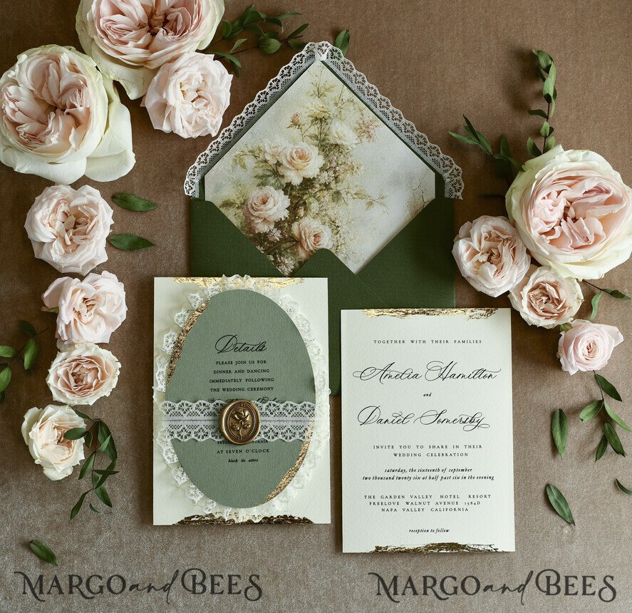 WEDDING INVITATIONS vintage lace/ rustic lace ivory lace Personalized Golden Wedding invitations Vintage Lace Invites golden