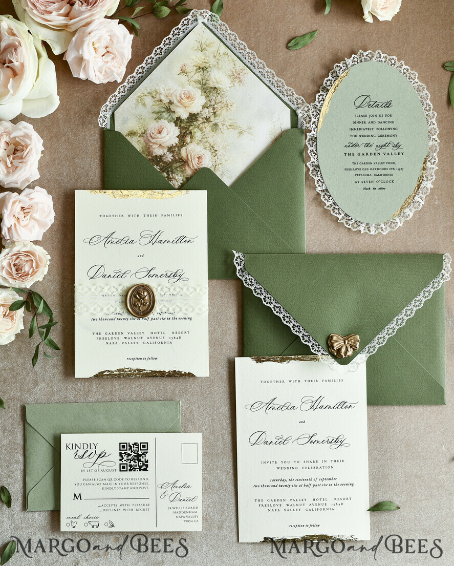 WEDDING INVITATIONS vintage lace/ rustic lace ivory lace Personalized Golden Wedding invitations Vintage Lace Invites golden
