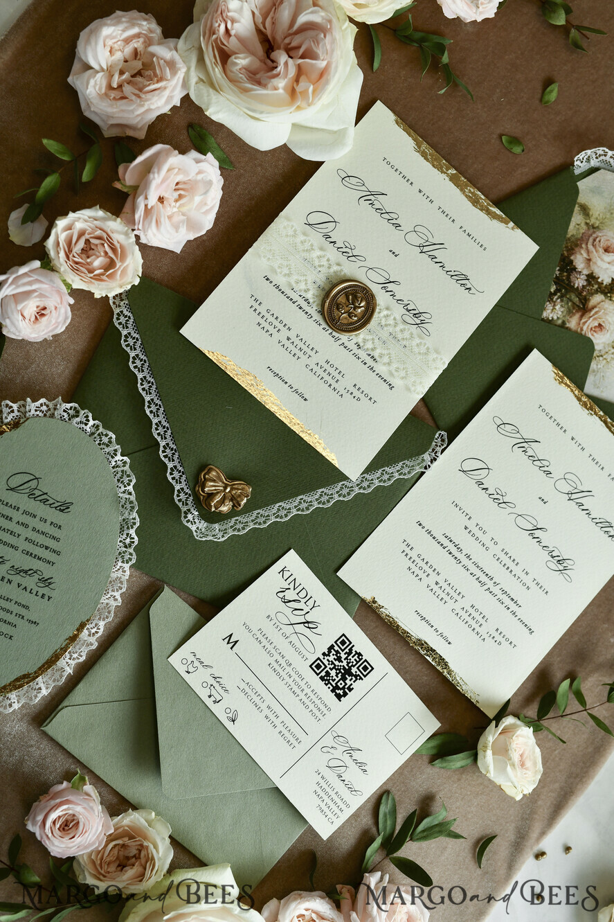 WEDDING INVITATIONS vintage lace/ rustic lace ivory lace Personalized Golden Wedding invitations Vintage Lace Invites golden
