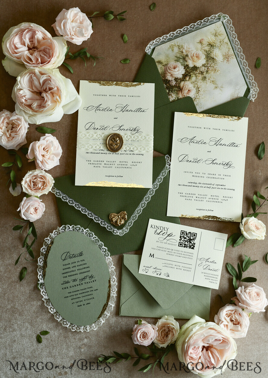 WEDDING INVITATIONS vintage lace/ rustic lace ivory lace Personalized Golden Wedding invitations Vintage Lace Invites golden