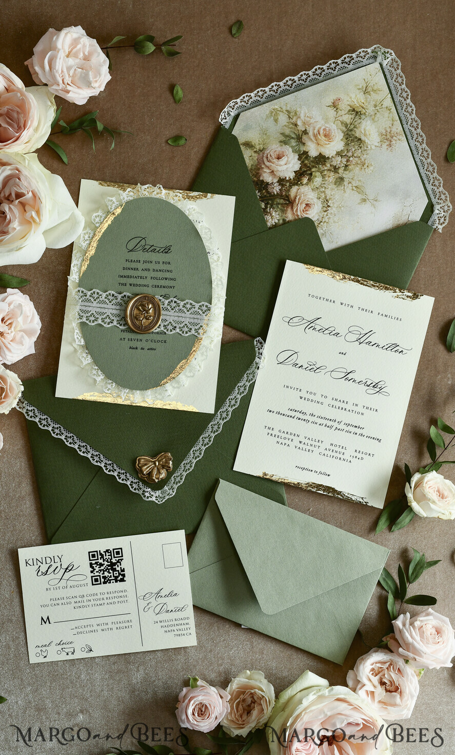 WEDDING INVITATIONS vintage lace/ rustic lace ivory lace Personalized Golden Wedding invitations Vintage Lace Invites golden