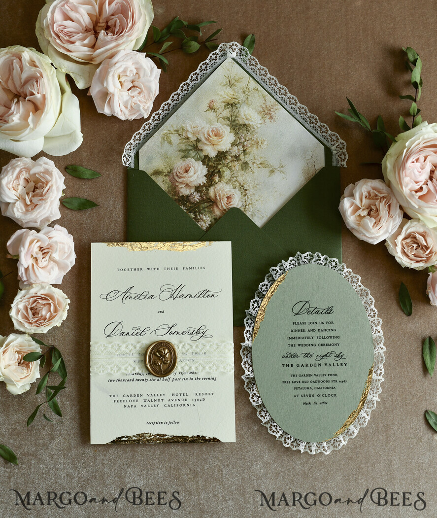WEDDING INVITATIONS vintage lace/ rustic lace ivory lace Personalized Golden Wedding invitations Vintage Lace Invites golden